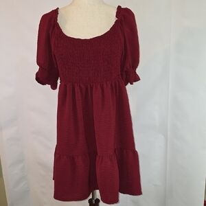 Red Smocked Dress with‎ Puff Sleeves